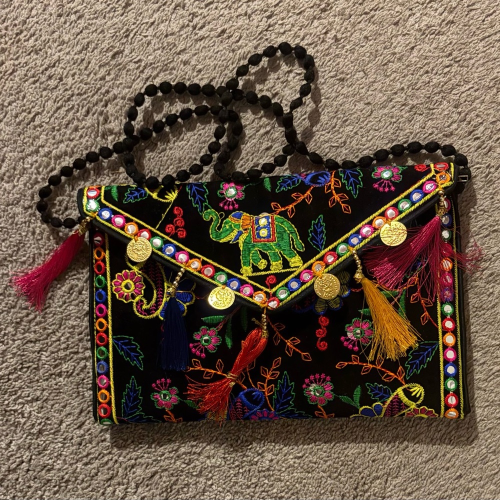 Embroidered Black and Multicolor Women's Bag